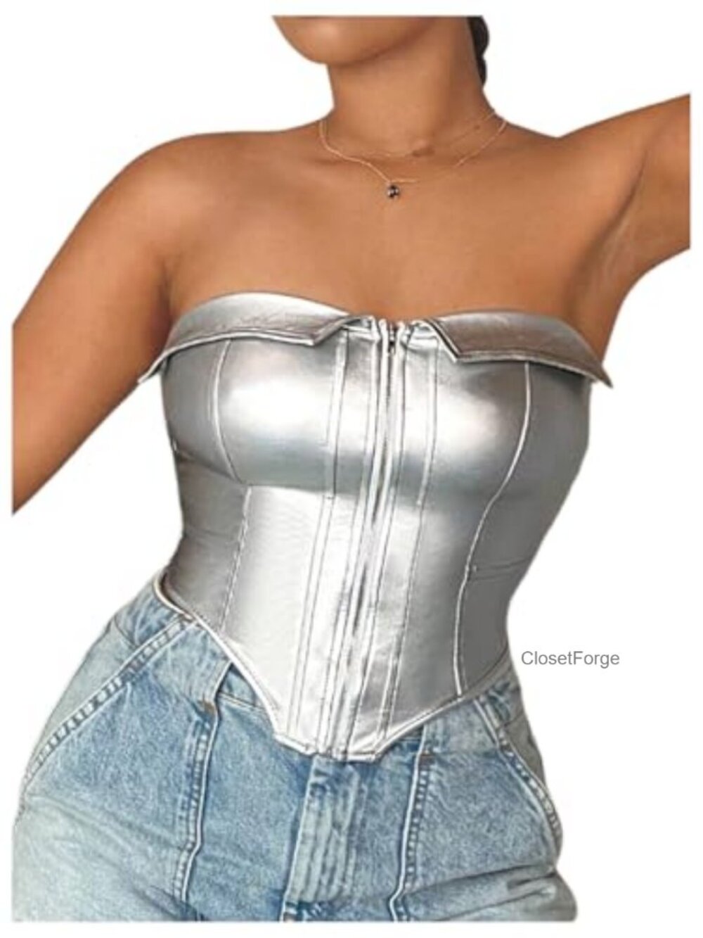 Metallic Strapless Bandeau Tube Top Sleeveless Backless Asymmetrical Corset Top